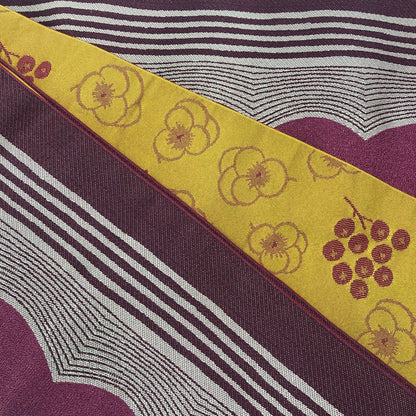 展示品 長尺半巾帯 リバーシブル 紫系の幾何学模様×金茶の花と実 帯 used 