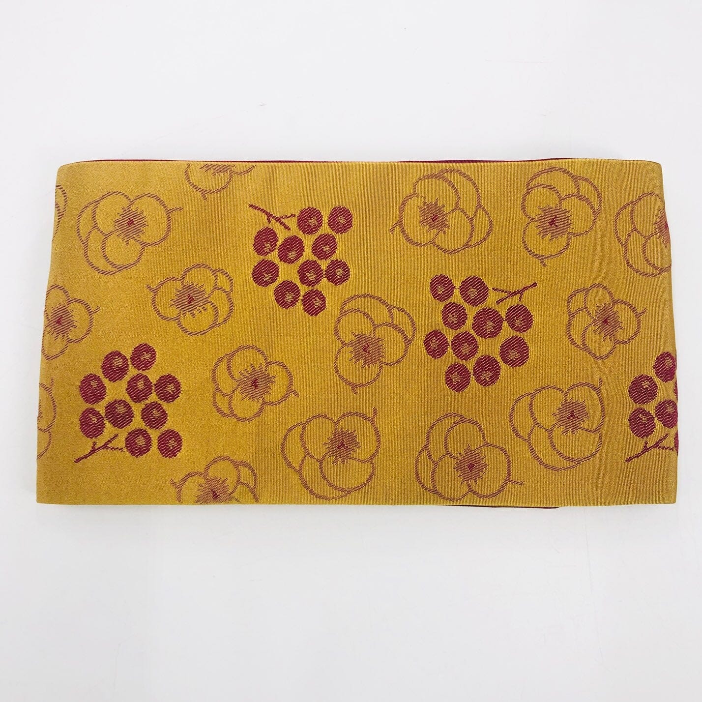 展示品 長尺半巾帯 リバーシブル 紫系の幾何学模様×金茶の花と実 – 一